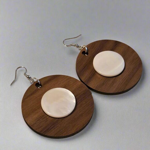 Walnut Shell Round Disc Dangle Earrings #2 - Picture 1 of 2